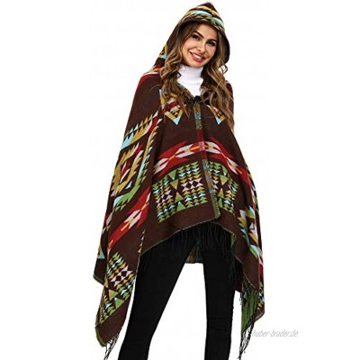 Irevial Damen Kapuzen Poncho mit Häkelborde Cape für Frauen aus Strickmaterial mit Zierfransen Winterdecke Reversible Schal Dicke Cardigan Coat