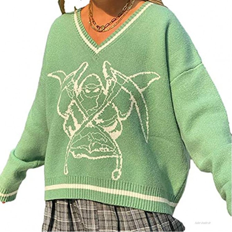 UANOU Preppy Style Y2K Pullover Tops für Frauen Ovesized Vintage Grafikdruck Ästhetische Pullover V-Ausschnitt Harajuku Tops Cuteandpsycho