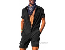 MAHUAOYIXI Herren Sommer Kleidung Atmungsaktiv Kurzarm Arbeitskleidung Jumpsuit Solide Revers lässig Tasche EIN Stück Shorts