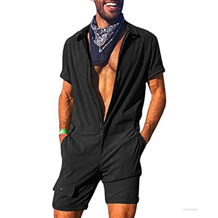MAHUAOYIXI Herren Sommer Kleidung Atmungsaktiv Kurzarm Arbeitskleidung Jumpsuit Solide Revers lässig Tasche EIN Stück Shorts