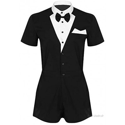 TiaoBug Herren Kurzarm Gentleman T-Shirt Kurze Hose Männer Overall Einteiler Jumpsuit Slim Fit Body Zipper kurz Anzug Bodysuit Party Clubwear