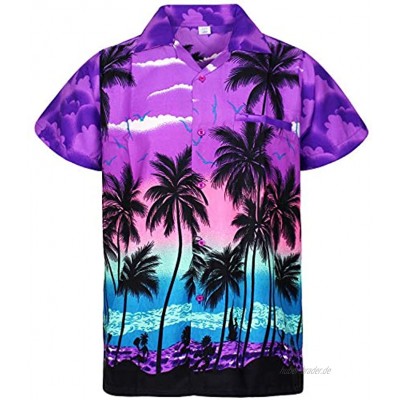 V.H.O. Funky Hawaiihemd | Herren | Kurzarm | Front-Tasche | Hawaii-Print | Strand Palmen Meer | Violett